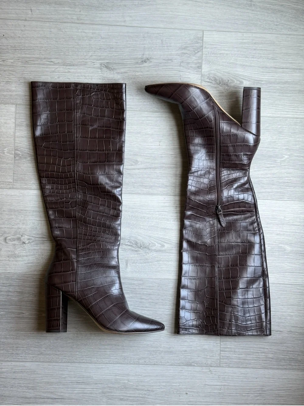 Halogen x Atlantic Pacific Croc-Embossed Over-the-Knee Boots in Dark Brown